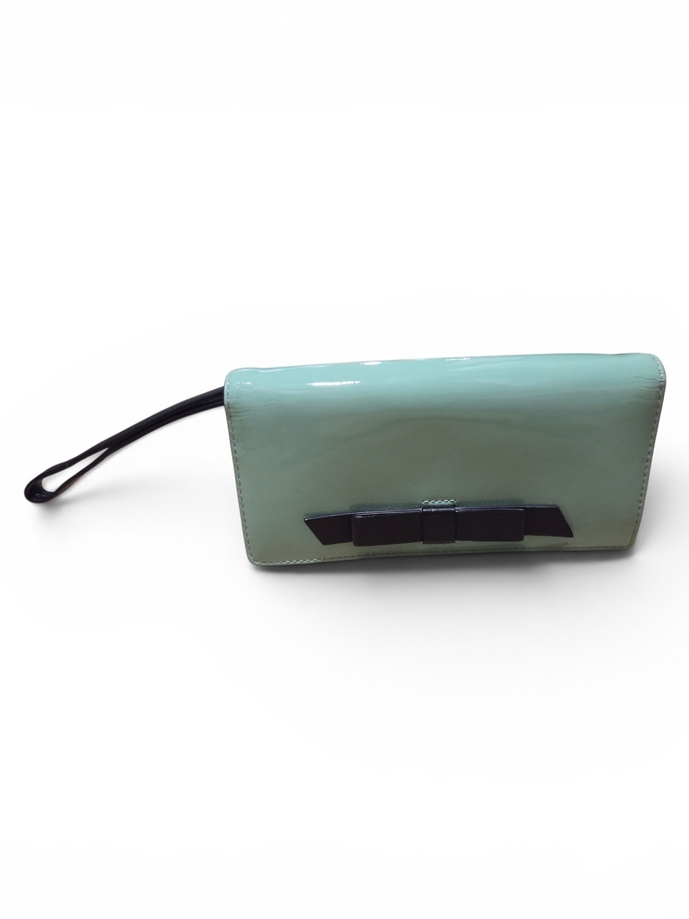 Women’s Mint Patent Wristlet Clutch with Black Bow